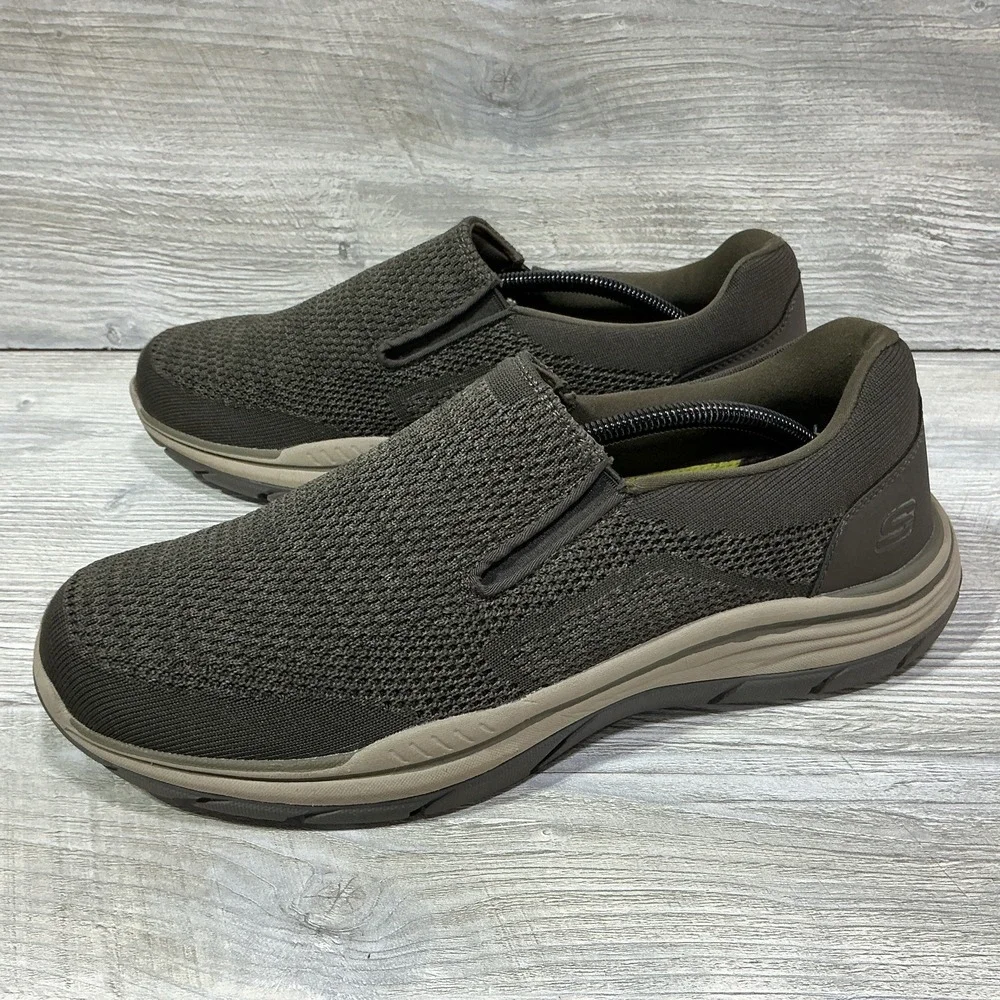 Skechers Relaxed Fit Memory Foam Shoes Mens 12 Olive Brown Slip On 204000 OLBR